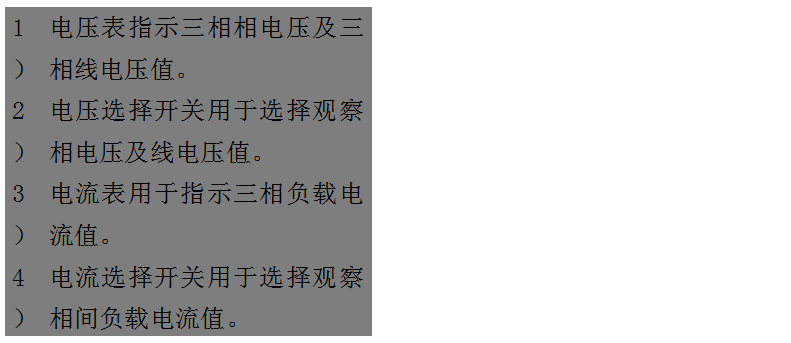 文本框: 1）	電壓表指示三相相電壓及三相線電壓值。
2）	電壓選擇開關(guān)用于選擇觀察相電壓及線電壓值。
3）	電流表用于指示三相負(fù)載電流值。
4）	電流選擇開關(guān)用于選擇觀察相間負(fù)載電流值。
5）	運行時間表用于指示柴油發(fā)電機(jī)組的累計運行時間。
6）	機(jī)油壓力表用于指示機(jī)組運行時的機(jī)油壓讀數(shù)。
7）	水溫表用于指示冷卻液溫度數(shù)值。
8）	頻率/轉(zhuǎn)速表用于指示輸出電力的頻率和機(jī)組的轉(zhuǎn)速。
9）	電池電壓表用于指示電池的充電電壓。

